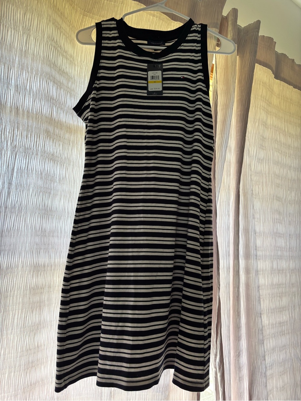 Sleeveless Navy Blue & White Striped Dress